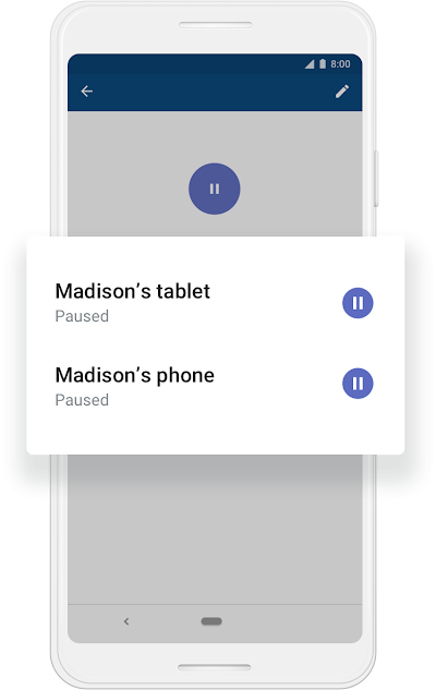 A Google phone screen showing "Madison's tablet" and "Madison's phone" have been paused.