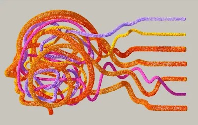 A 3D image of a coiling knot of multicoloured strings culminating to resemble a side profile of a human head.