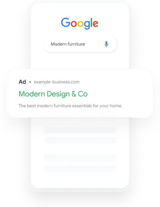Illustration that shows a Google search query for home decor that results in a relevant furniture Search Ad.