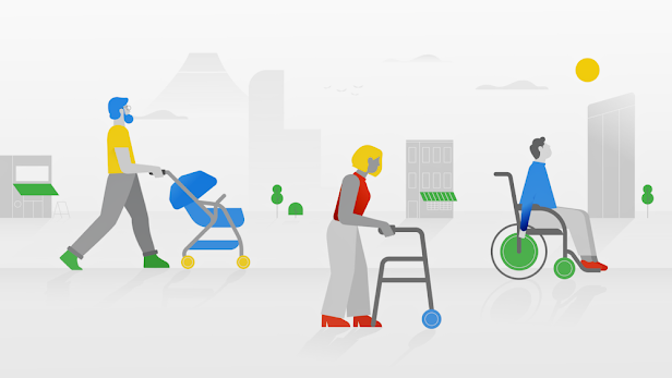 An illustration of three people: a man pushing a stroller, a woman using a walker, and a man pushing himself in a wheelchair
