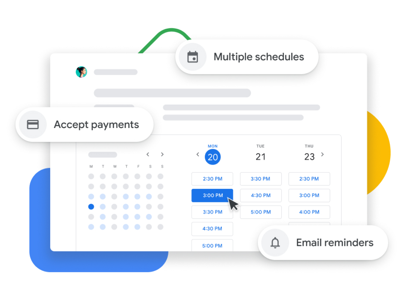 「Google 日曆」預約安排功能的圖像，顯示用戶可接受款項、與客戶確認預約和傳送電郵提醒。