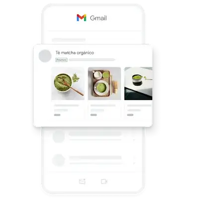 Un ejemplo de un anuncio de generación de demanda para dispositivos móviles que se publica en la app de Gmail, en el que se destacan varias imágenes de té matcha orgánico.