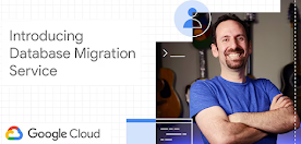 Database migration service tertulis di layar beserta seorang pria mengenakan kaus biru