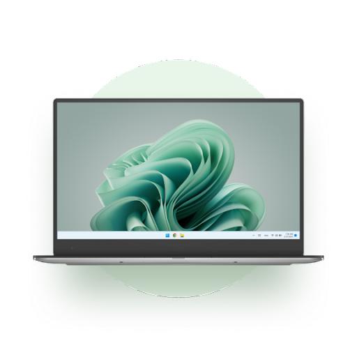 A Chromebook displaying a green abstract art screensaver.