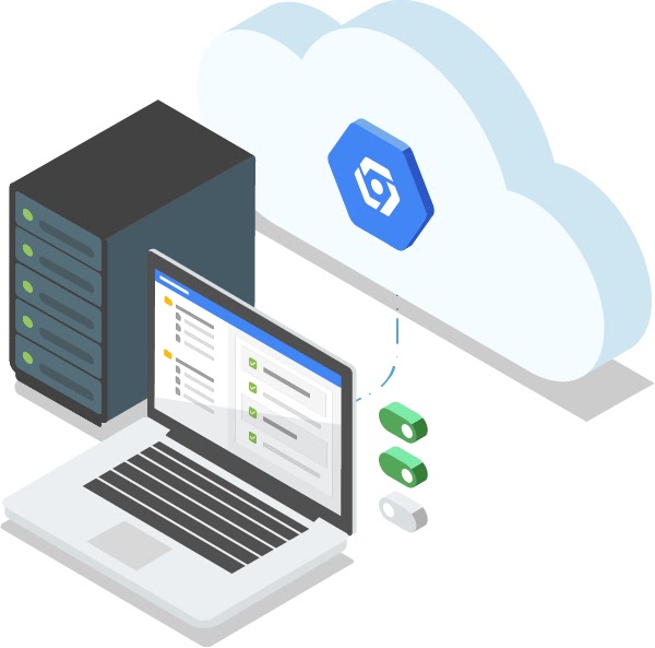 Ilustración de una pila de servidores y laptops abiertas conectadas a la nube