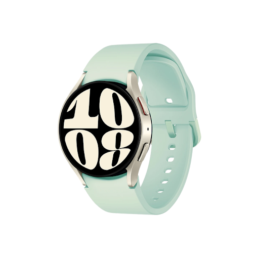 A smartwatch with a light green band and the time prominently displayed on its face.