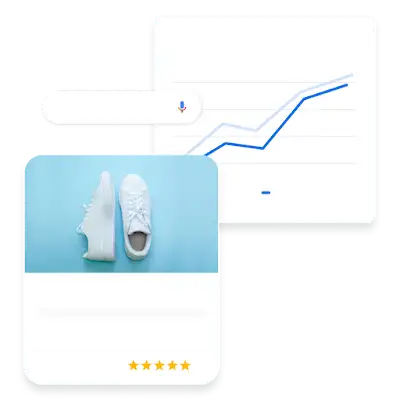 靴のセールに関する広告のサンプルと、それに関連するパフォーマンス指標を示しているグラフのサンプル