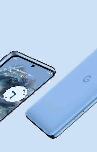 Two Pixel 8 Pro's in Bay color diagonally side by side. One is face up, showing off the aluminum frame and smooth screen. The oter is face down, showing off the beautiful Bay color and matte back glass.