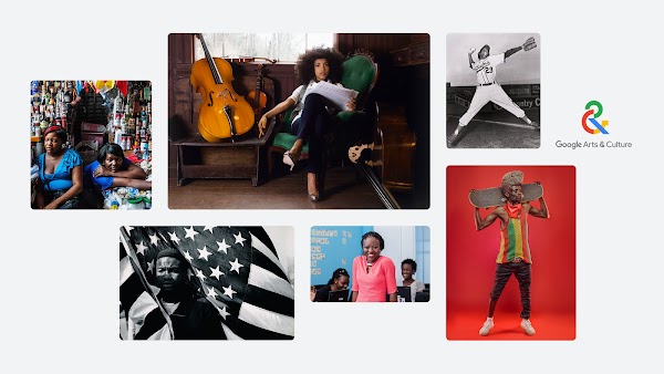 A collage of photos and illustrations of Black figures including Lewis Marshall, Esperanza Spalding, and Toni Stone