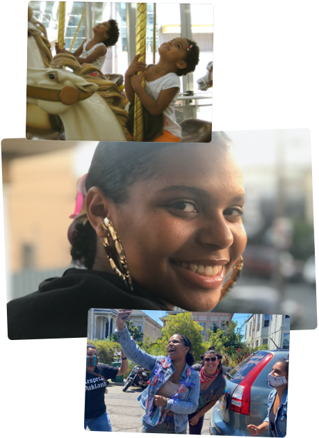 Visual collage featuring Mica growing up. From left to right: Mica and sister, Cami, on a carousel, Mica’s mother holding Mica and Cami in her arms, Portrait of Mica smiling, Mica working on a laptop at a kitchen table, Mica and friends celebrating graduation.