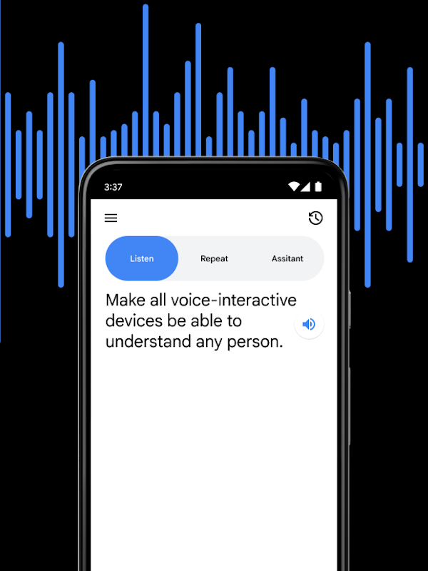 A smartphone displaying voice assistance options with sound waves in the background