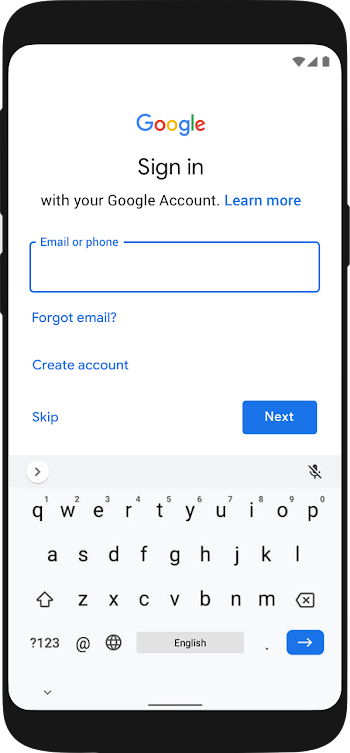 提示使用者以 Google 帳戶登入的 Android 裝置。