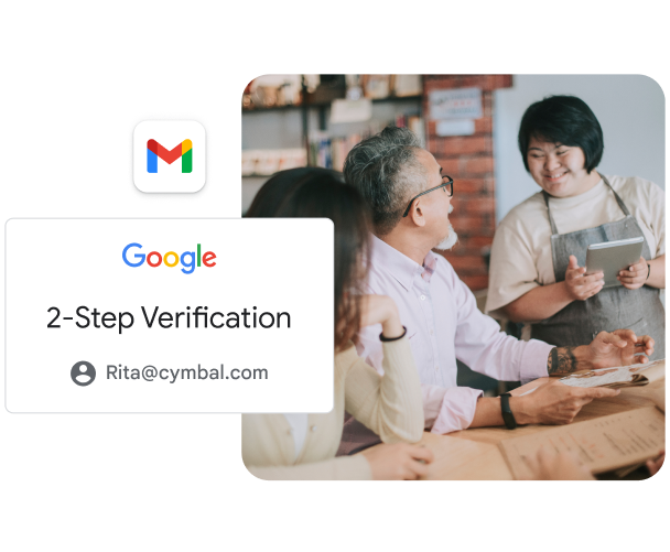 A couple in a cafe ordering from a waiter using a tablet. The image is bordered by a Gmail icon and a 2-Step Verification alert.