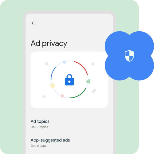 An outline of an Android phone with animated lock, followed by a list of ads that have been prevented from getting user data.