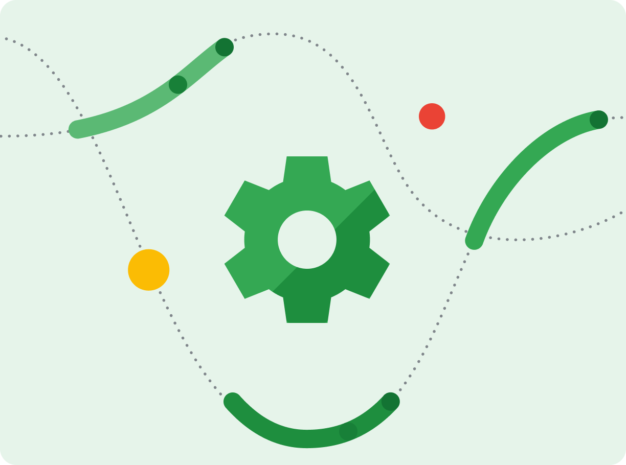 An abstract illustration depicts shapes swarming around a settings cog icon.