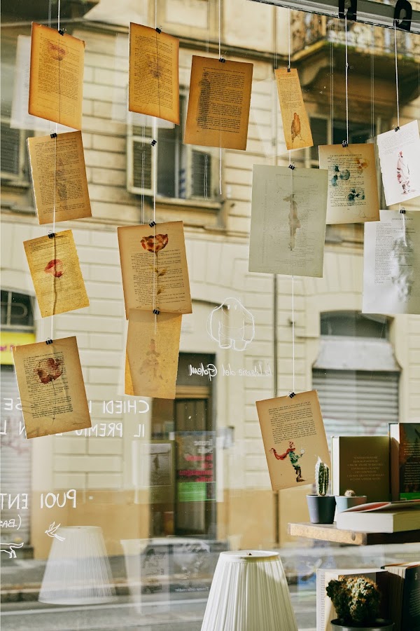 Hand-drawn sketches and storybook pages line the store window, clipped onto dangling pieces of string