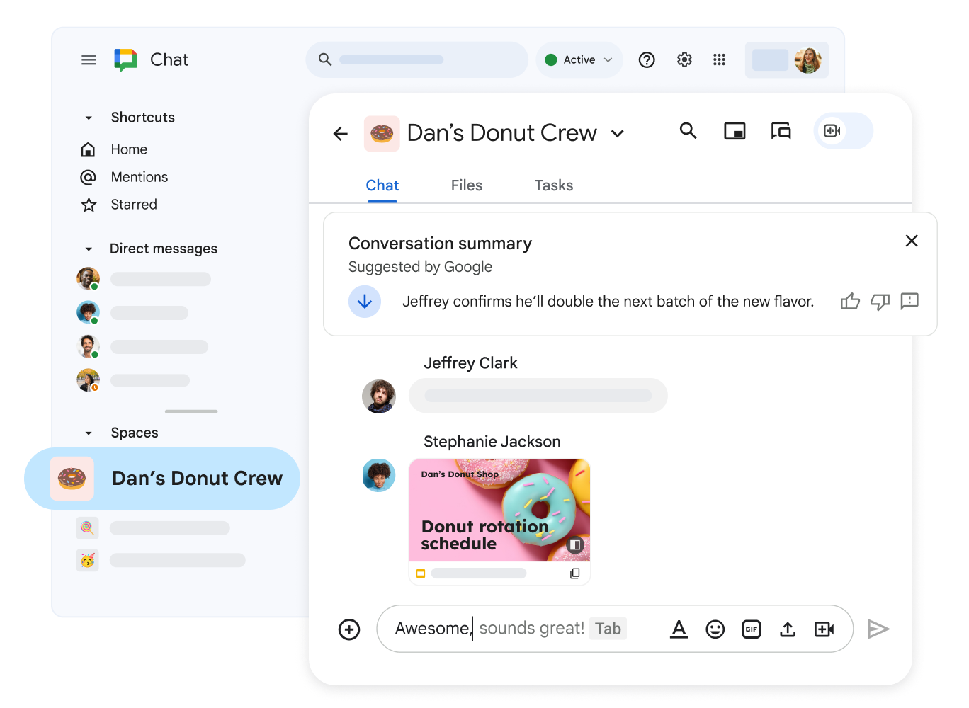A Chat space for Dan's doughnut crew in which members are sharing documents and creating tasks.
