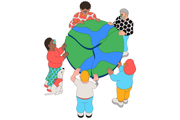 An illustration of five people standing around a globe with their hands touching the globe