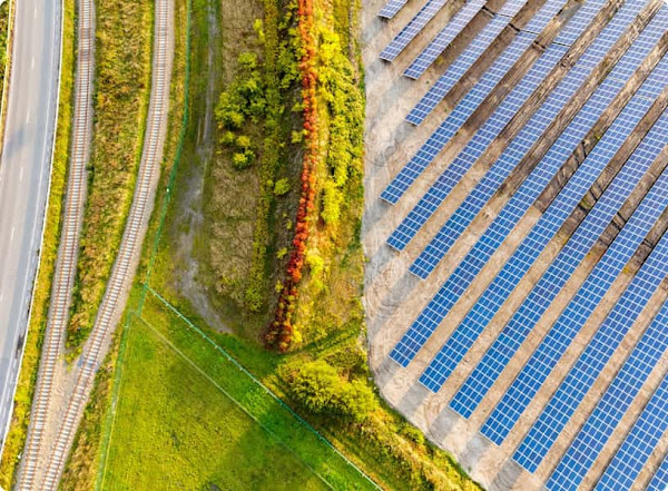 Aerial view of a solar farm.