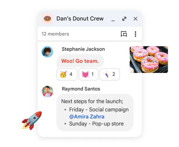 Chat space for Dan's doughnut crew about the success of the new doughnut flavor.