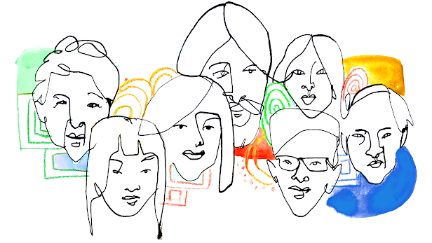 Hand drawn illustration of people from the Asian American community