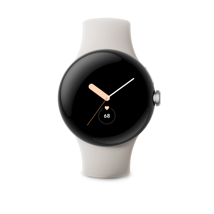 Front of Google Pixel Watch with Polished Silver case / Chalk Active band