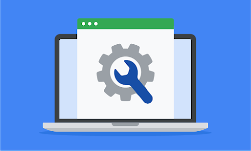 A gear and wrench icon, shown coming out of a laptop computer screen above a blue background