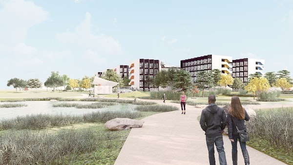 Rendering of people on the walking path that leads to new corporate housing at Bay View