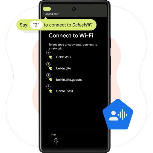 Android phone with a green speech bubble at the top reads "Say '2' to connect to CableWifi". Below shows a list of other wifi networks that is in the area.