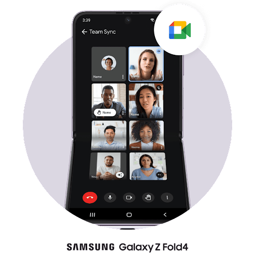 The Google Meet logo hovers over a horizontally-open fold phone. A video chat is on-going with seven other callers.