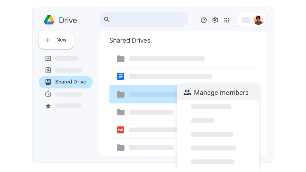 Uživatelské rozhraní Disku Google se souborem sdíleného disku, u kterého je vybrána možnost Spravovat členy. 