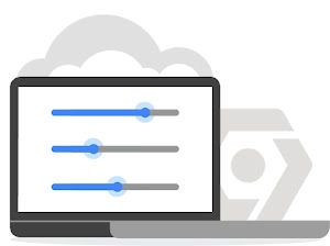 Illustration of a monitor displaying a line graph, with silhouetted cloud and developer tools icon beind