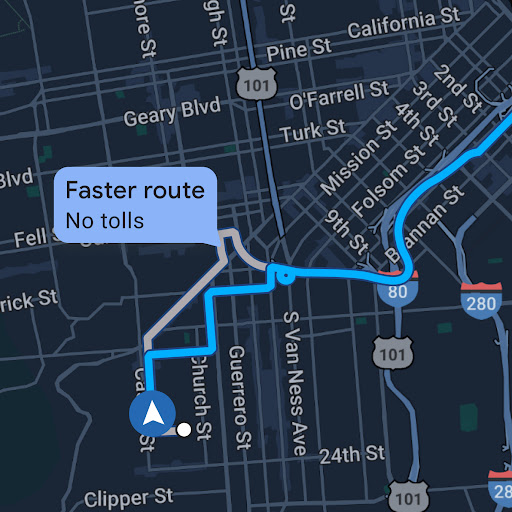 A map showing a route with an option to change to a faster route. Next to the map is a box with buttons to accept or decline.