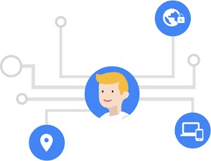 인터넷 기기, 보안, 지도 핀을 네트워크로 연결하는 선 중심에 남성이 있는 삽화