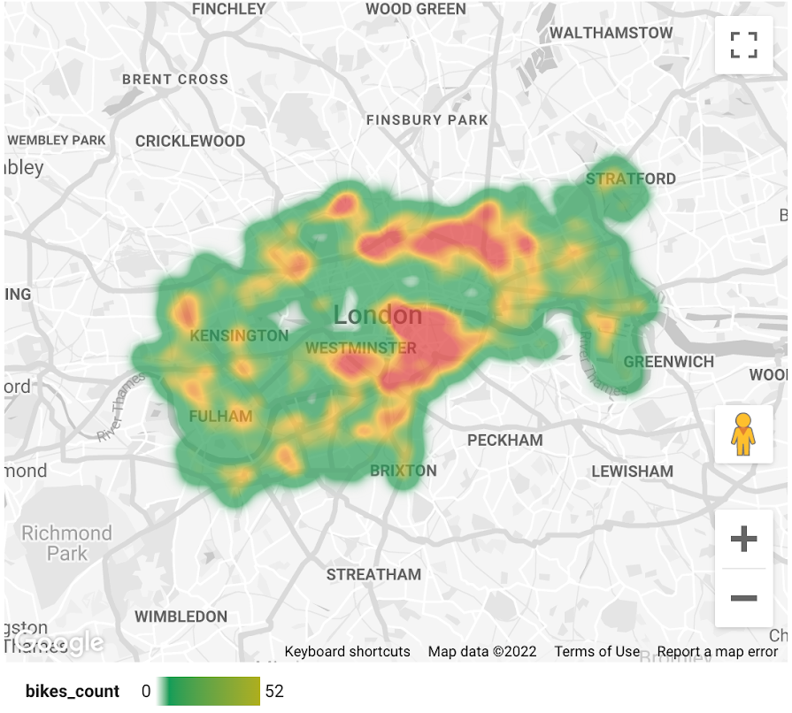 A heatmap displays London bikeshare data.
