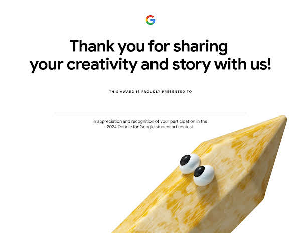 A Doodle for Google 2024 certificate with the title: Thank you for sharing your creativity and story with us! Featuring a wood patterned pencil mascot with googly eyes.