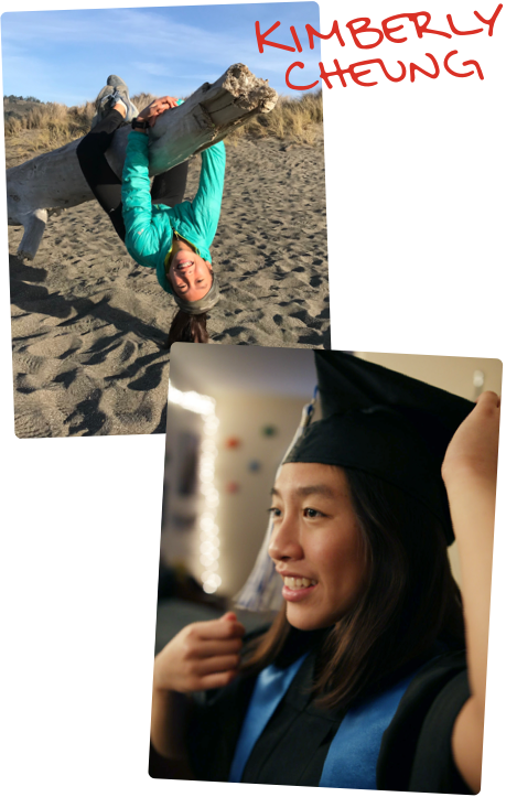 Kimberly at the beach climbing on a piece of wood. Kimberly wearing graduation cap and gown.