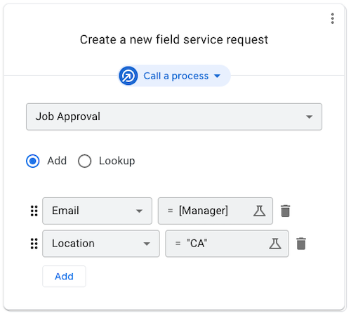 Call the Job Approval process and add Email and Location values to create a new field service request.