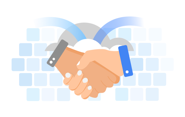  Illustration of two hands in a handshake over a keyboard.