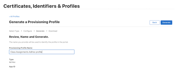 Select a name for your provisioning profile