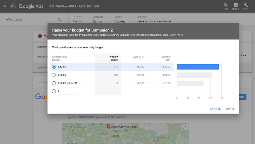 Ad Preview and Diagnosis tool budget adjustments