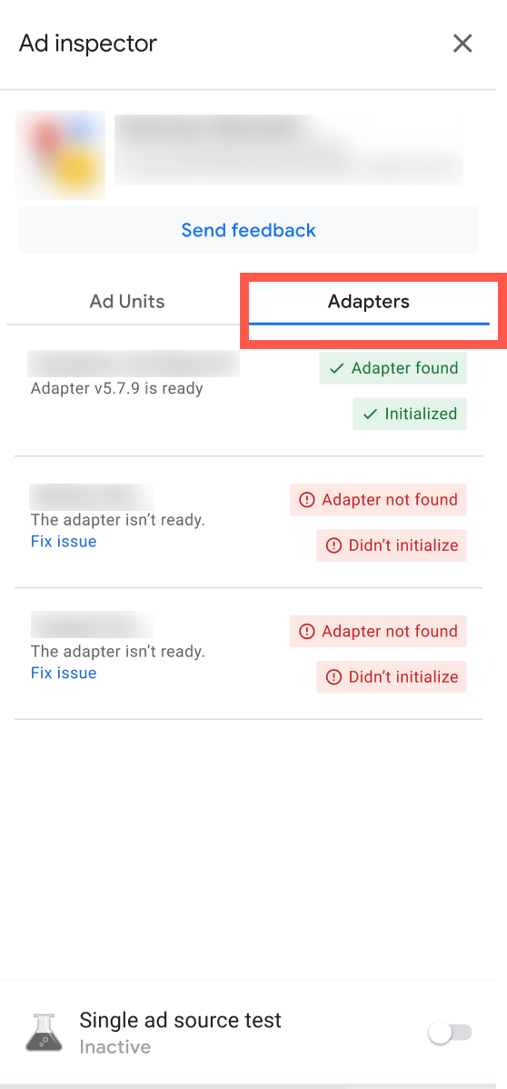 The ad inspector adapter tab in Ad Mob.