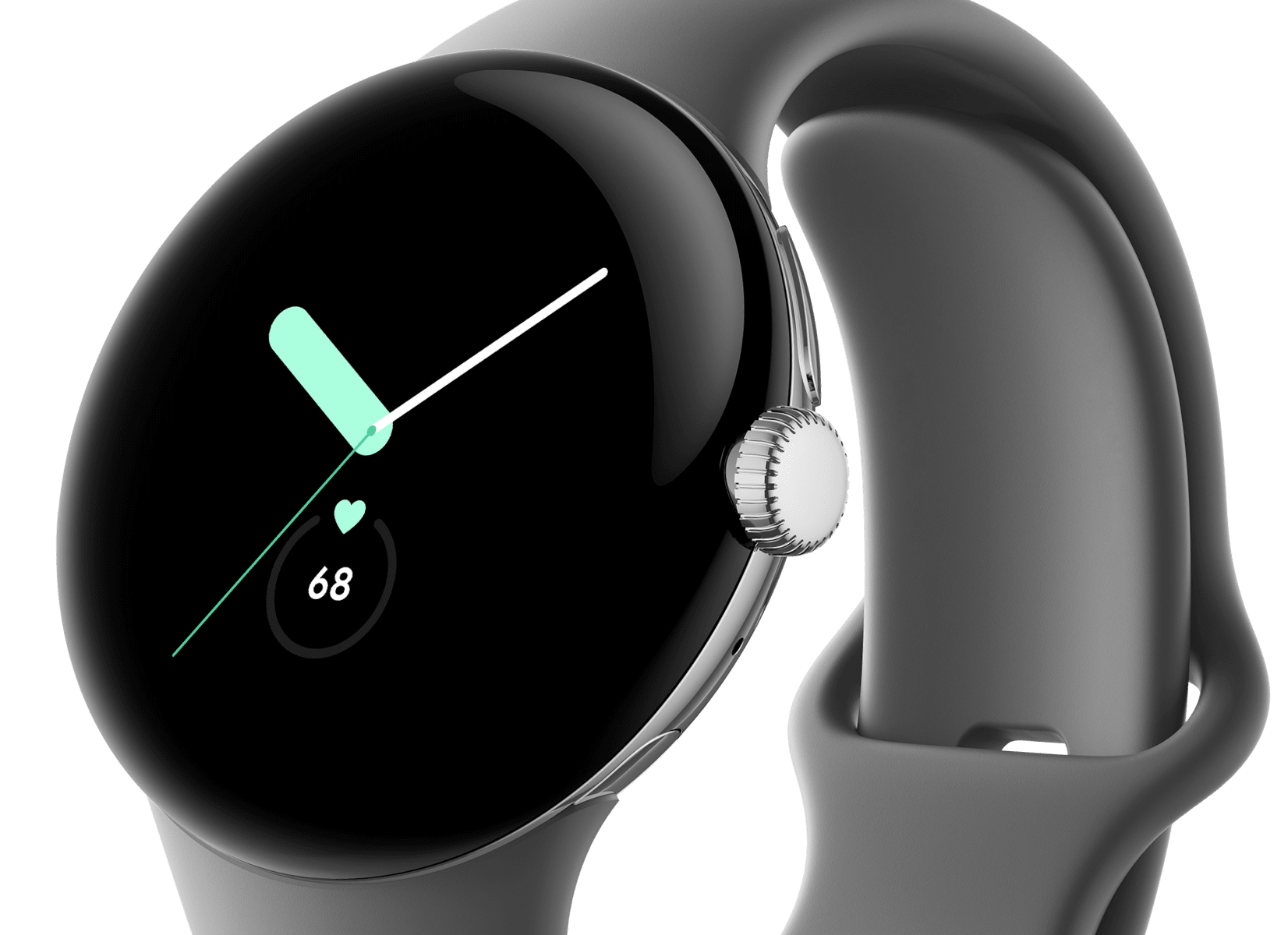 Close-up of Google Pixel Watch screen with Polished Silver case / Charcoal Active band