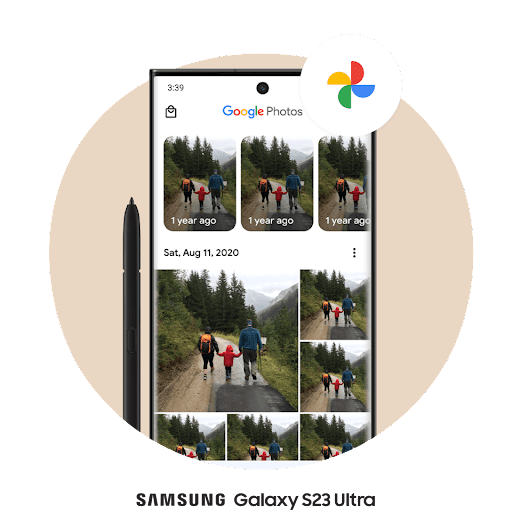 An Android phone screen with Google Photos open shows a grid of photos and the Google Photos logo in the top-right corner.