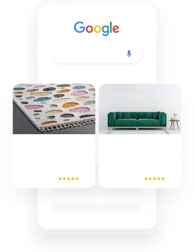 Ejemplo de anuncios de shopping en los que se muestran una alfombra colorida y un sofá verde