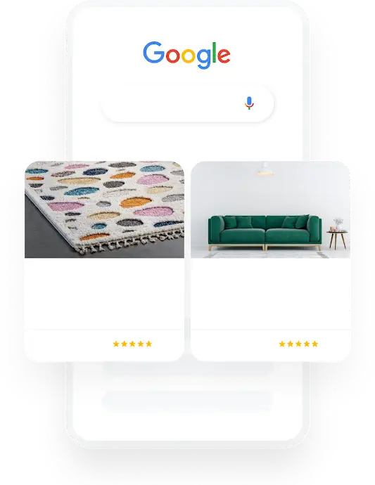 Ilustración de un teléfono en el que se muestra una consulta de artículos de decoración para casa en la Búsqueda de Google que hace que se muestren dos anuncios de shopping pertinentes.