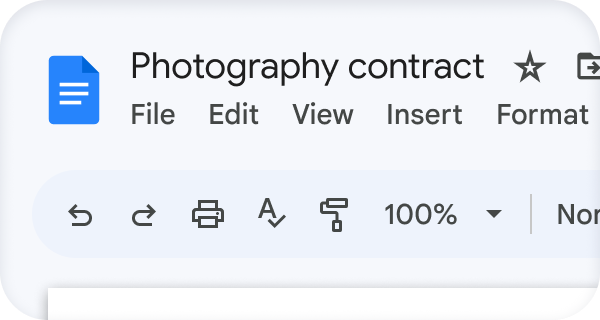 Documento do Google Docs intitulado "Contrato de fotografia" 