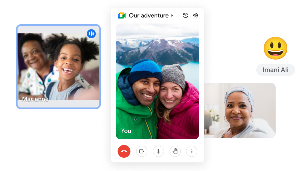 Uma videochamada do Google Meet que mostra um casal no exterior, num cenário idílico nas montanhas, a falar com outras pessoas. 