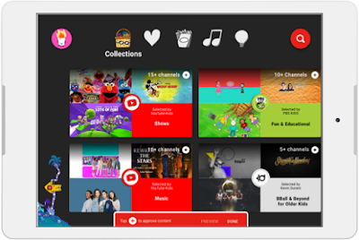 A tablet showing many different family-friendly videos on YouTube kids.