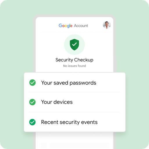 Android 手機輪廓圖顯示 Google 帳戶的安全檢查畫面、「未發現任何問題」訊息，以及套用動畫效果的檢查清單，包括儲存的密碼、裝置和近期安全性事件。